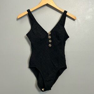 Vintage Black one piece swimsuit with gold tone buttons size small